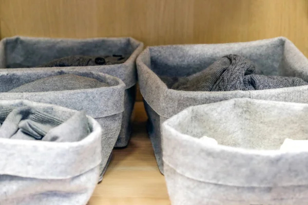 Sweaters Shelf Closet Piled Sweaters Folded Felt Bags Storage System — Stock Photo, Image