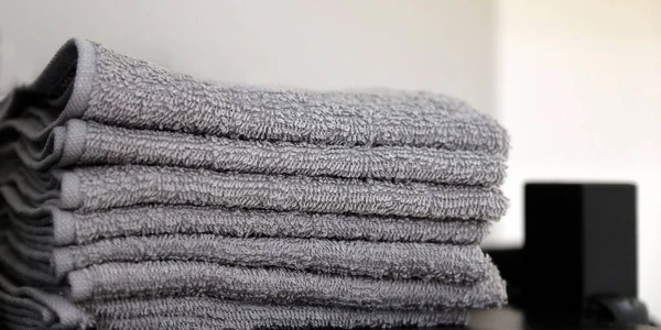 Grey Black Towels Shelf Bathroom Towels Hung Hooks Bath Accessories — Stock Photo, Image