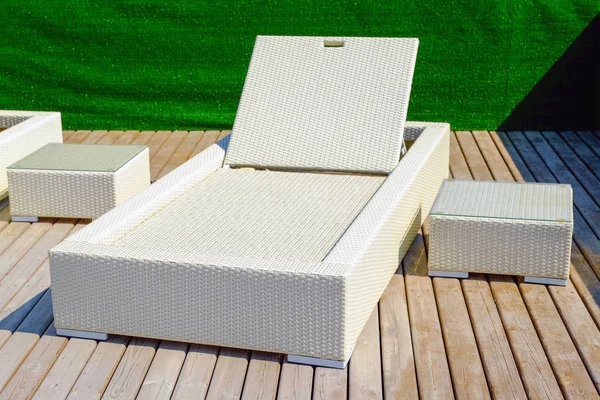 Rattan Table Sun Loungers Pool Close Rest Water Royalty Free Stock Images