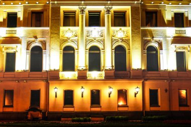 Gece şehir sokak ışıkları, bokeh, arka plan, karanlık. Bina cephe lambalar yanar. Çiçek yatak önünde.