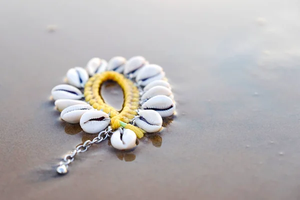Close Hand Gentle Girl Bracelet Made Seashells Background Water Blurred — Stock Photo, Image