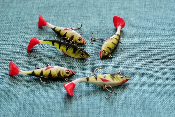 Silicone Bait Twisters Background Burlap Lures Triple Hooks Form Small — Stock Photo, Image