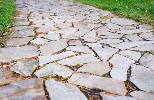 Ancient granite paving. Close-up view from above. Pavement. — Stock Photo, Image