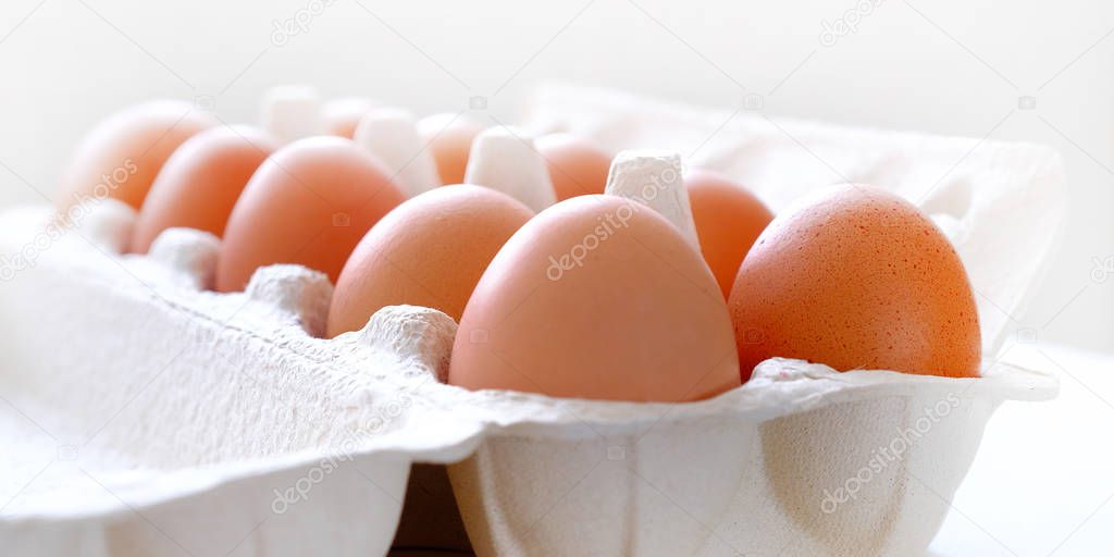 Chicken eggs on a tray. Selective focus. Chicken egg omelette for Breakfast.