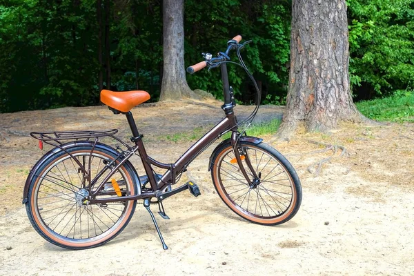 La moto en el estrado. Paisaje forestal. Parada de la bicicleta, descanso de moverse . —  Fotos de Stock