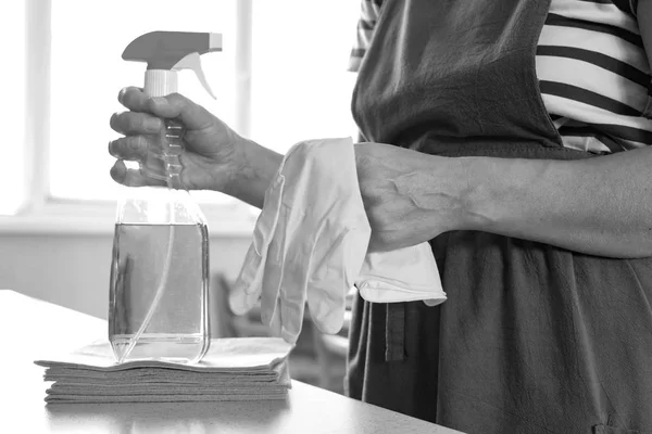 Zwart-wit fotografie. Doekjes en reinigingsproducten in handen van vrouwen. Gastvrouw op de achtergrond van de woonkamer. — Stockfoto