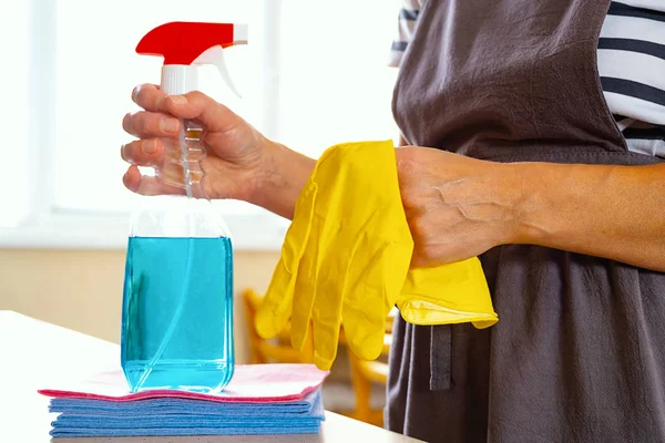 Wipes and cleaning products in the hands of women. Hostess on the background of the living room. — Stock Photo, Image