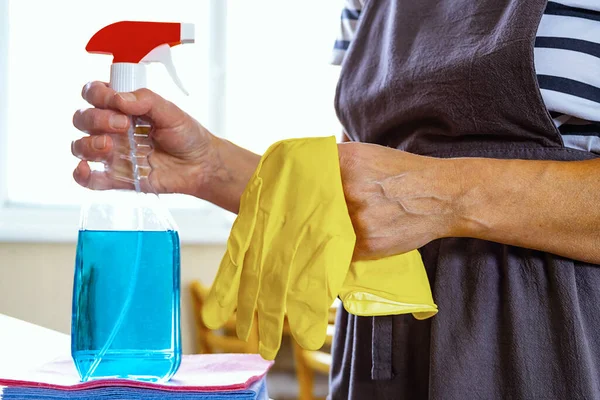 Wipes and cleaning products in the hands of women. Hostess on the background of the living room. — Stock Photo, Image