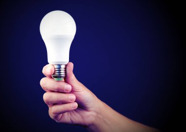 Bir insanın elinde enerji tasarrufu ampulü vardı. Modern ekonomik aydınlatma kavramı