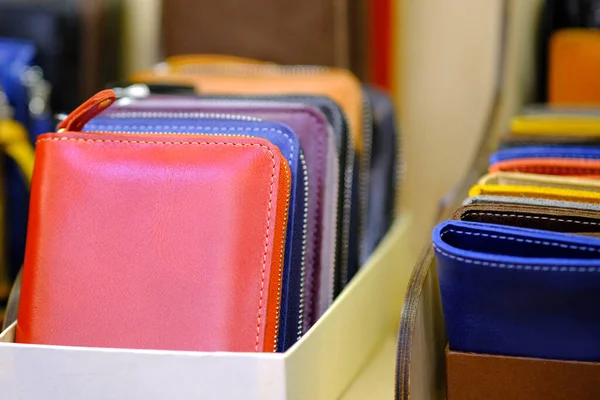 Multicolored Purses Made Genuine Leather Stacked Window — Stock Photo, Image