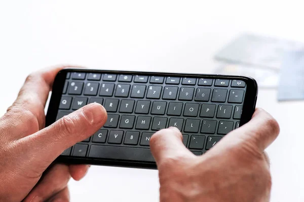 Smartphone Keyboard English Person Phone Makes Online Order — Stock Photo, Image