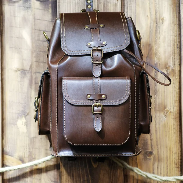 Travel Backpack Made Genuine Leather Concept Stylish Leather Products Bags — Stock Photo, Image