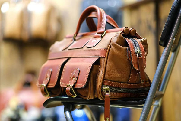 Travel Backpack Made Genuine Leather Concept Stylish Leather Products Bags — Stock Photo, Image