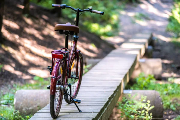 Moto Está Tabla Correr Puente Madera Sobre Barranco Una Parada —  Fotos de Stock