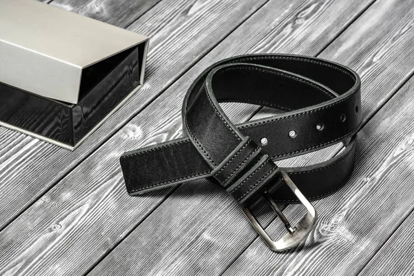 Belt Rolled Next Gift Box Template Design Leather Accessories Background — Stock Photo, Image