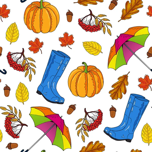 Seamless pattern from blue rubber boots, colorful umbrella and red maple leaves on a white background. Hand drawing. Vector illustration. — Stock Vector