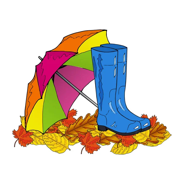 Blue rubber boots and a colorful umbrella on the leaves. — Stock Vector