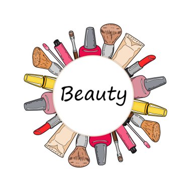 Güzellik salonu amblemi. Beyaz arka plan. El çizimi. Vektör çizimi. Çizgi film biçimi.