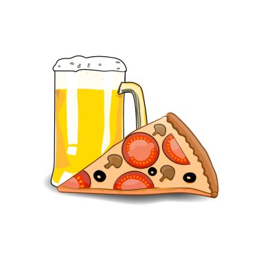 Çizgi film tarzı bira ve pizza. El çizimi bira ve pizza. Vektör illüstrasyon bira ve pizza. Fast food tasarım elementi.