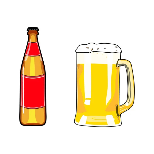 Butelka piwa i kubek piwa. Element projektowania piwa. Piwo w stylu kreskówki. Ręczne picie alkoholu. Wektor ilustracja piwo. — Wektor stockowy