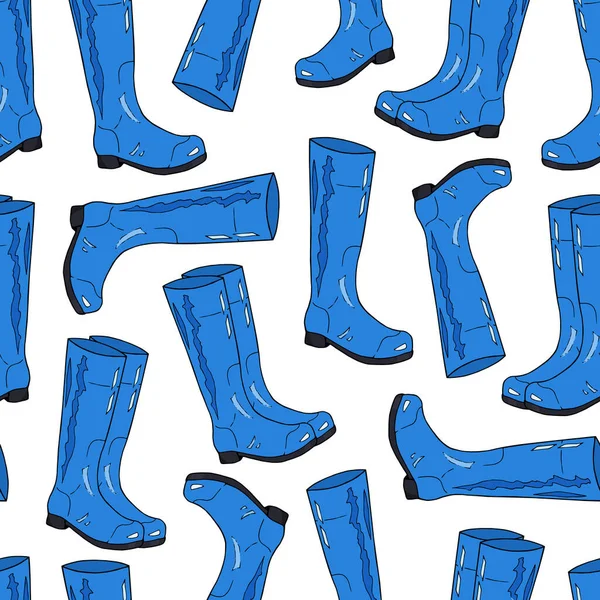 无缝图案。橡胶蓝靴子。白色背景。手绘矢量说明. — 图库矢量图片