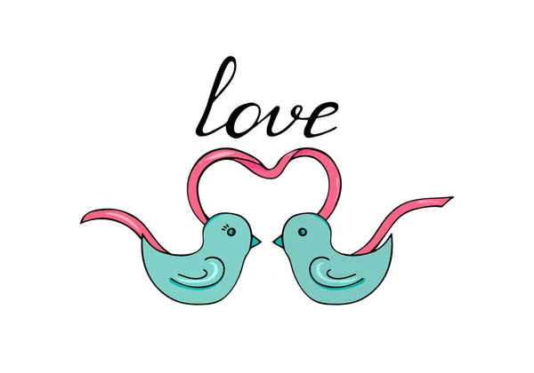 Dos pájaros. Cinta rosa. Forma de corazón. Tarjeta para San Valentín. Dibujo manual. Ilustración vectorial. Estilo de dibujos animados. — Vector de stock