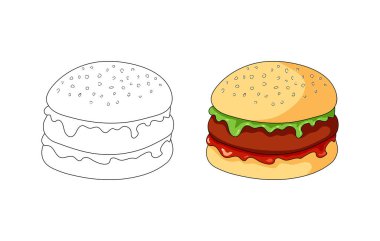 Fast food boyama kitabı. Renkli burger. Hamburger hatları. El çizimi. Vektör çizimi. Çizgi film biçimi.