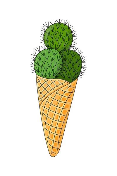 Cactus en forma de bolas de helado. Estilo de dibujos animados Fondo blanco. Dibujo manual. Ilustración vectorial. Suculenta.. — Vector de stock