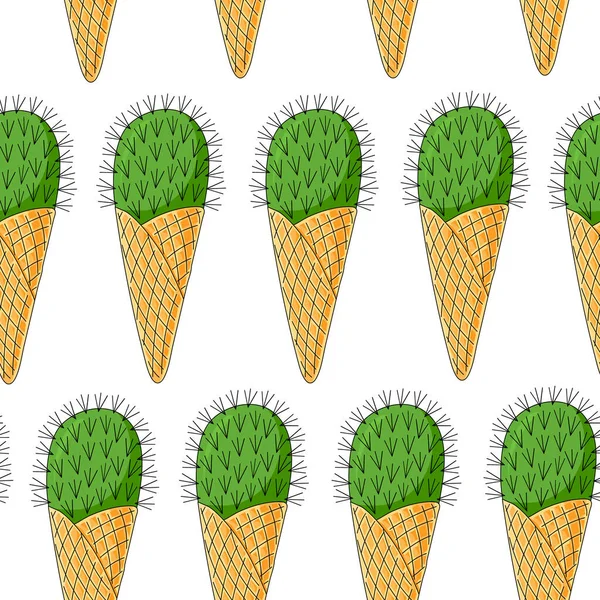 Cactus ijs in de hoorn. Naadloos patroon. Witte achtergrond. Handtekening. Vectorillustratie. — Stockvector
