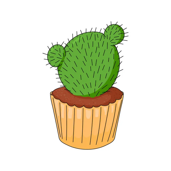 Kaktus in Form von Cupcake auf weißem Hintergrund. Handzeichnen. Cartoon-Stil. Vektorillustration. Kaktus isoliert. — Stockvektor