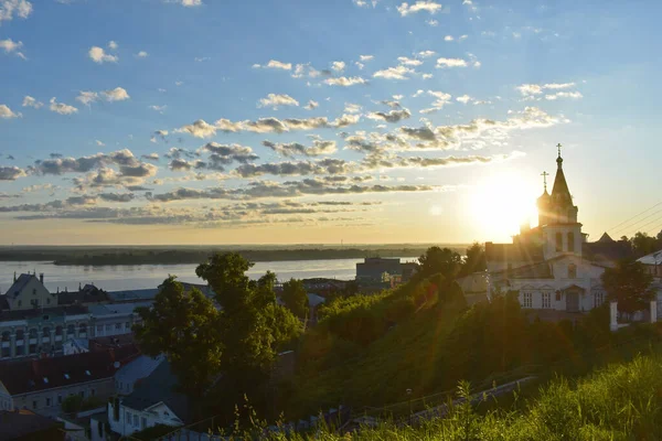 Iglesia Cristiana Orillas Del Río Volga Amanecer Nizhny Novgorod — Foto de Stock