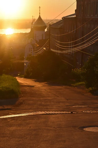 Igreja Cristã Margens Rio Volga Amanhecer Nizhny Novgorod — Fotografia de Stock