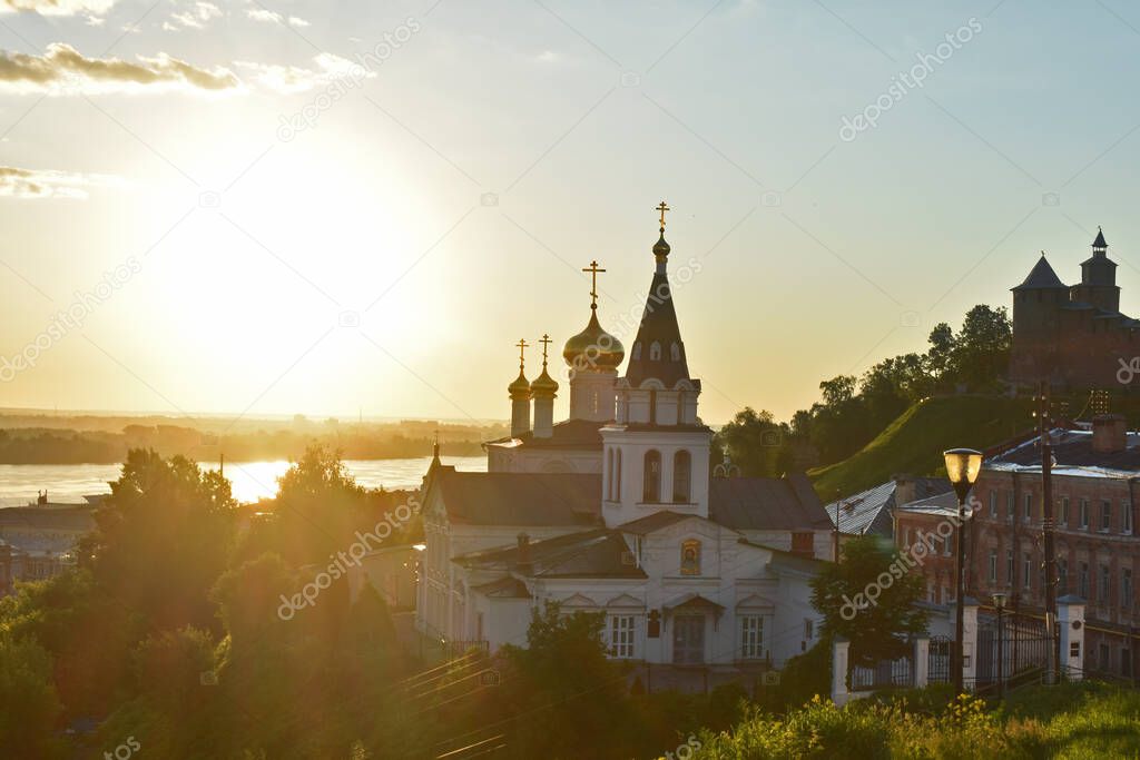 Christian church on the banks of the Volga River at dawn. Nizhny Novgorod