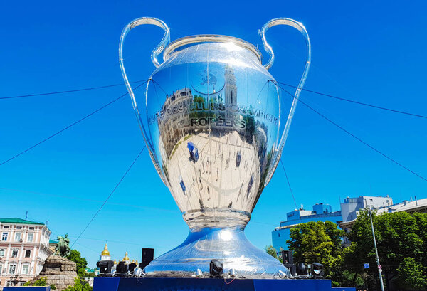 KYIV, UKRAINE - MAY 26, 2018: UEFA, model of the Champions League Cup on Sofiyskaya Square, preparation for the final