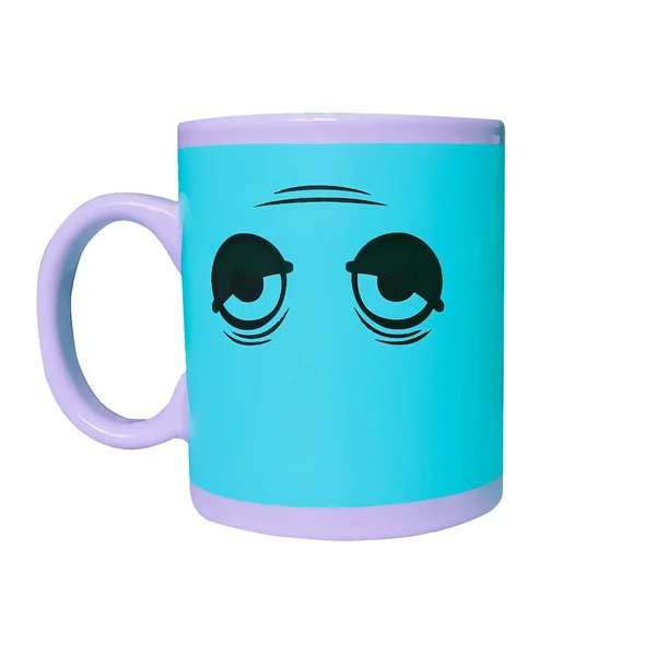 Funny blue drinking cup with with sleepy eyes isolated on white background