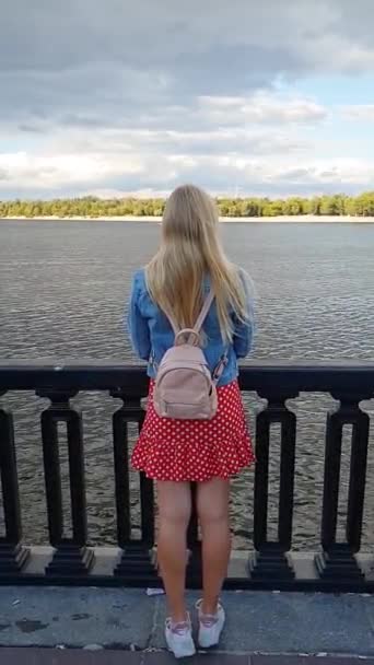 Blonde Long Straight Hair Red Dress Medium Length Backpack Stands — Stock Video