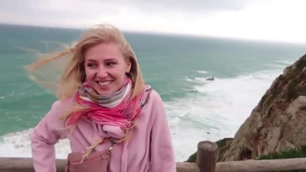 Close Portrait Young Woman Blonde Hair Blowing Wind Looking Ocean — Stock Video