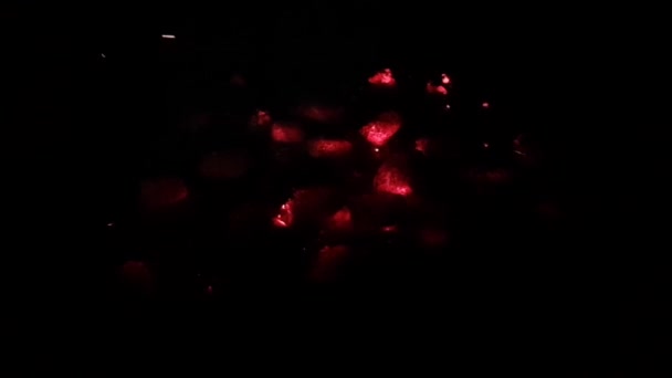 Red Hot Coal Close Black Background Sparks Fly Slow Motion — Stock Video
