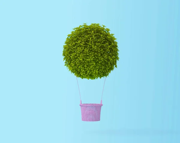 Hot Air Balloon Green Bush Grass Idea Concept Pastel Blue — Stock Photo, Image