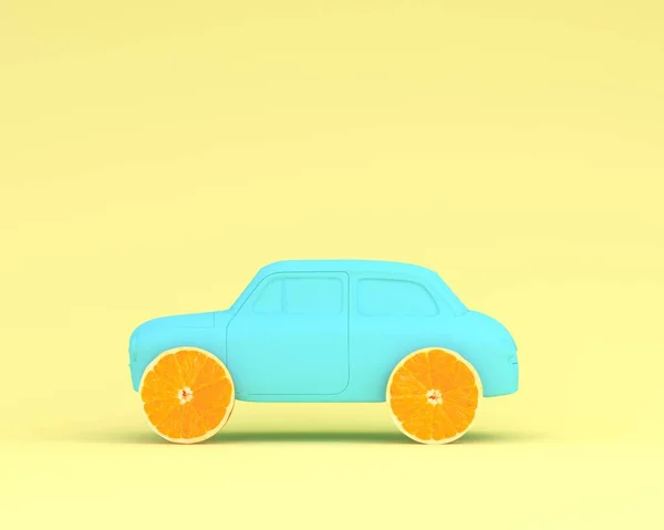 Roda Layout Frutas Laranja Carro Azul Fundo Amarelo Pastel Ideia — Fotografia de Stock