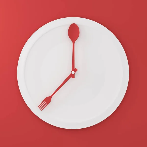 在红色背景的时钟形式的白色圆板上的勺子和叉子的顶部视图 最小的食物观念概念 创意创造工作和广告营销沟通和网站 — 图库照片