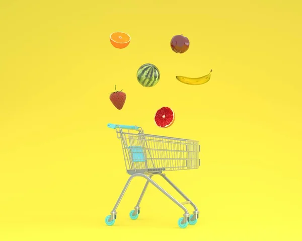 黄色のパステル調の背景に浮かぶ果物とショッピングカートの独創的なアイデア レイアウト 最小限のアイデア食品と果物コンセプト 生成する創造的なアイデアは マーケティング コミュニケーション 広告内で作業します — ストック写真
