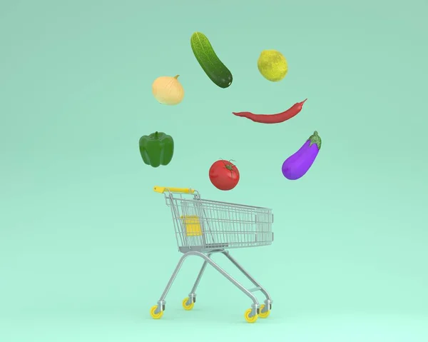 グリーン パステル Background Minimal アイデア食品コンセプトに野菜とショッピングカートの独創的なアイデア レイアウト 通信やアート デザインをマーケティング広告内で作品を制作する創造的なアイデア — ストック写真