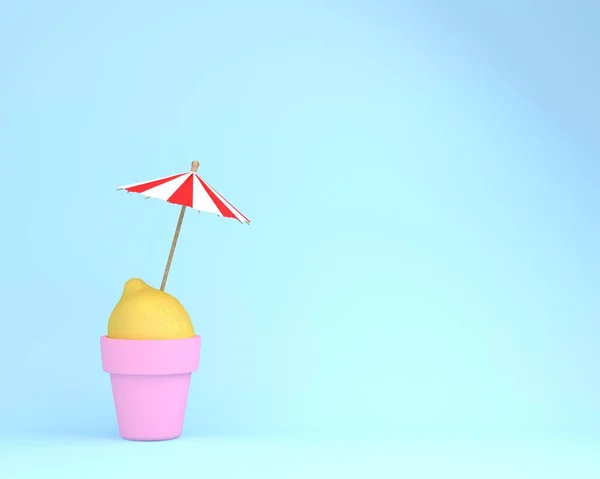Creative Summer Layout Made Lemon Flowerpot Sun Umbrella Blue Pastel — Stock Photo, Image