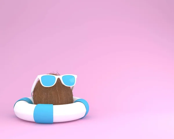 Concepto Fabricado Coco Con Flotador Piscina Azul Gafas Sol Sobre — Foto de Stock