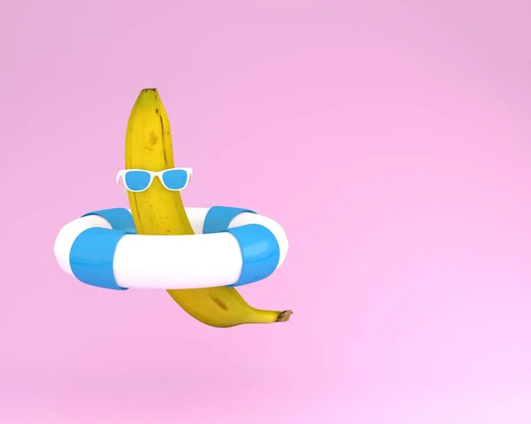 Muz mavi havuzu float ve pastel pembe üzerinde güneş gözlüğü ile yapılmış yaratıcı yaz düzeni. çok az meyve kavram fikir. 