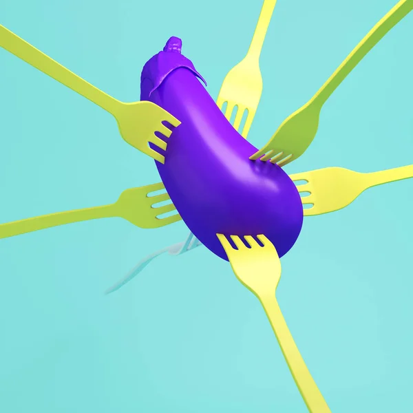 Креативна Концепція Фіолетовий Колір Баклажанів Просочених Жовтими Виделками Синьому Пастельному — стокове фото