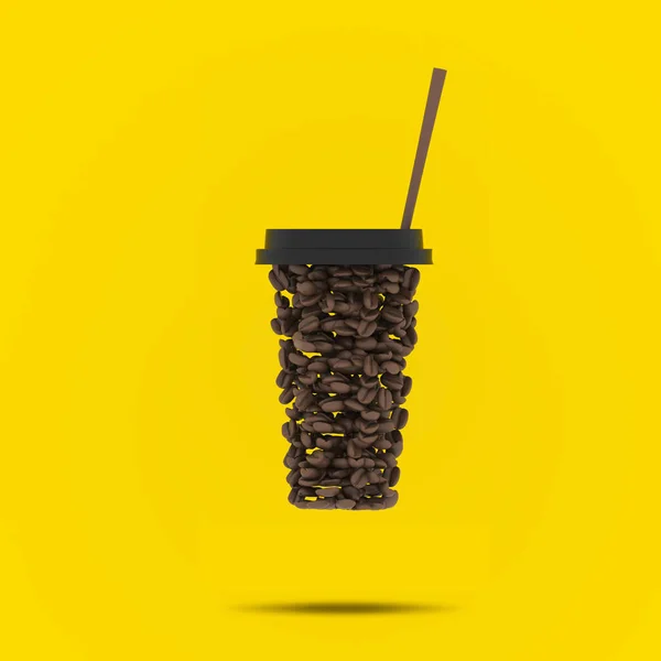Wybitne Ziarna Kawy Kształcie Cup Żółtym Tle Pastel Koncepcja Minimalne — Zdjęcie stockowe