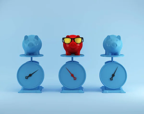 Diferentes Ahorros Red Piggy Con Cerdo Azul Sobre Fondo Azul — Foto de Stock