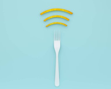 Mavi renk arka plan üzerinde patates kızartması ile çatal yapılmış Wifi sembolü yaratıcı fikir düzeni. minimal gıda fikri ve Internet teknolojisi / ağ kavramı